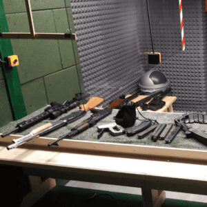Firearms laid out before a session, Krakow shooting range