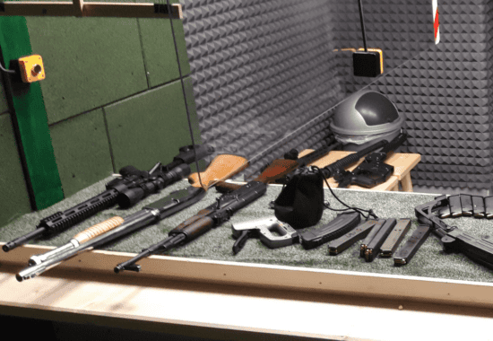 Firearms laid out before a session, Krakow shooting range